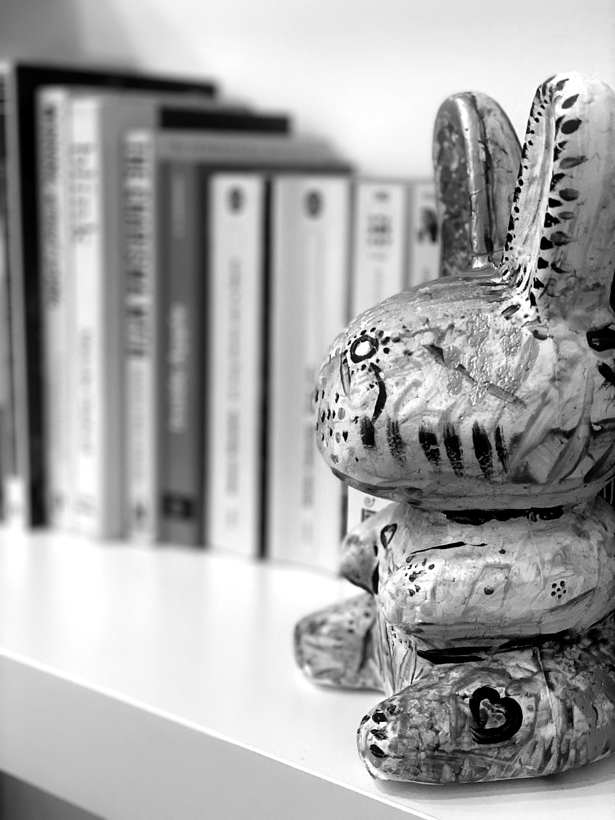 Des livres et une statuette de lapin faite main dans le studio Dooni.